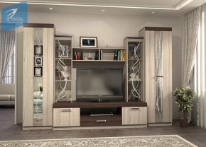 Гостиная "Атлантида 2 (Б)" Ясень шимо светлый/Ясень шимо темный/Стекло с пескоструйным рисунком в Тюмени - mebel-tymen.ru | фото