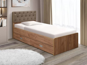 Кровать №7 с ящиками и мягкой головной спинкой каретная стяжка 1200х2000 мм Дуб крафт золотой/велюр 006 в Тюмени - mebel-tymen.ru | фото