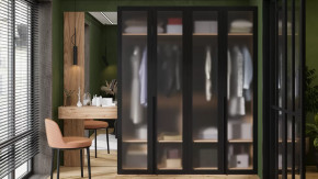 Спальный гарнитур «Порто» №4 Яблоня Беллуно/Графит/Стекло сатин черное в Тюмени - mebel-tymen.ru | фото